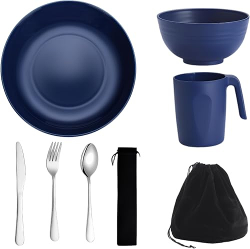 Houbobo Camping Plates and Bowls Set, Unbreakable Camping Cutlery Set with Mug, Knife, Spoon, Fork and Storage Bag, Dinnerware Sets for Apartment Essentials, Travel and Outdoor Camping (Blue)