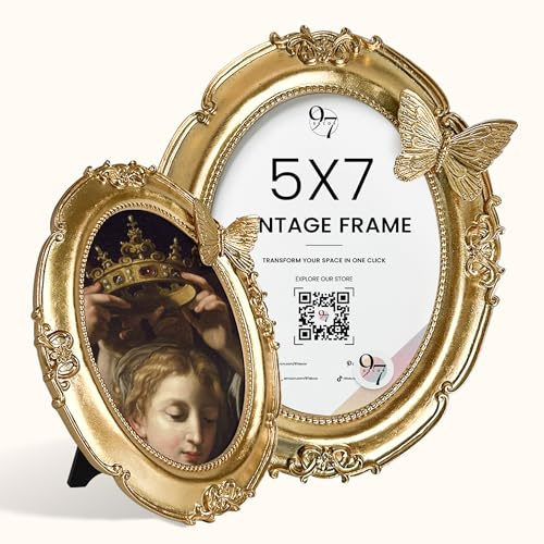 97 Decor Gold Vintage Picture Frame 5x7 - Antique 5x7 Gold Picture Frame For Tabletop And Wall Hanging, Golden Oval Frames 5 By 7, Rustic Decorative Ornate Frames 5 x 7 For Home Bedroom Decor