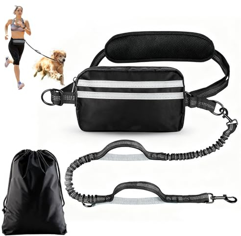 Guinzaglio da jogging per cani, elastico per cani, con riflettente, elastico, guinzaglio da corsa a mano libera, marsupio rimovibile, con custodia