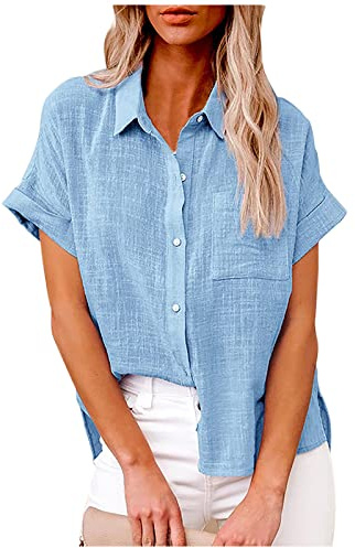 Camicia Cotone e Lino Donna Camicie Casual in Lino con Bottoni Maglietta Maniche Corte e Colletto a Revers in Tinta Unita Leggera Blusa Comoda e Traspirante per L'Estate Camicetta da Donna alla Moda