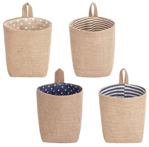TESSTSY Pack of 4 Hanging Storage Baskets, Foldable Storage Bag for Toys | Wall Baskets Indoor, Cotton and Linen Hanging Basket Storage for Makeup, Small Affairs, Keys, Toilet Paper, Potted Plants