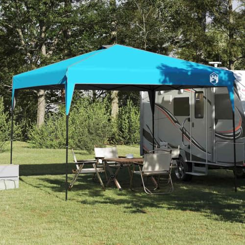 Pabellón pop-up azul, 290 x 290 x 251 cm, tejido repelente al agua con protección UV, altura ajustable manualmente, diseño enrollable para facilitar la instalación y el transporte, ideal