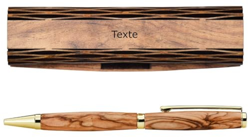 KASSIS Stylo à bille en bois d'olivier - Fait main avec belle veinure et texte souhaité dans une élégante boîte en bois - Stylo à bille personnalisé (Sans gravure)