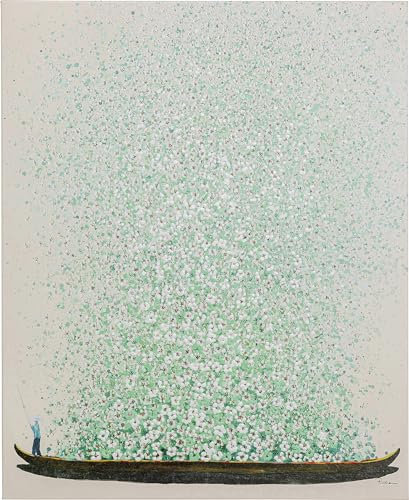 KARE Design quadro acrilico su tela, Flower Boat beige/verde, barca con fiori, soggiorno, corridoio, studio, stile asia/floreale, 100x80x4cm (A/L/P)
