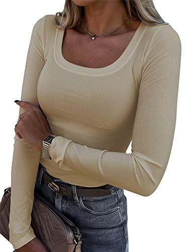 Roselux Womens Long Sleeve Scoop Neck Ribbed Knit Fitted Casual Tops Tee Slim Basic Shirts(3924,Beige-M)