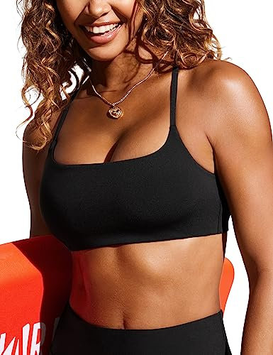 CRZ YOGA Damen Bikini Oberteil Gepolstert Sport BH Verstellbar Spaghetti Träger Bademode Swimsuit Bra Top Schwarz 40
