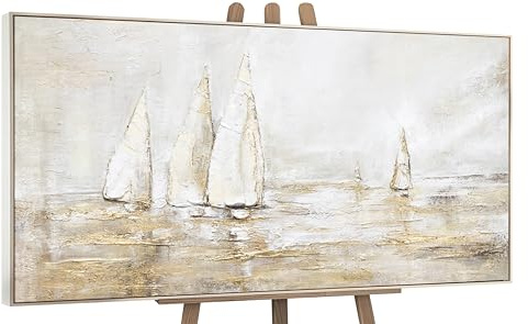 YS-Art Pintura abstracta sobre lienzo al oleo en acrílico Deslumbramiento solar Paisaje marino Colores claros con dorado con marco 100x50 cm