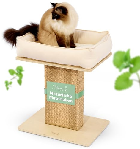 Nemmy Premium Kratzbaum klein beige | Stabiler Kratzstamm extra breit | Katzenbett mit Kissen | Katzenbaum große Katzen | Modern Holz Natur | Kratzsäule | Kratzstamm