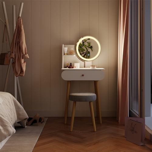 Vicco Tavolino da toilette Edda, Bianco, 60 cm con specchio LED e sgabello, con specchio LED rotondo e sgabello coordinato