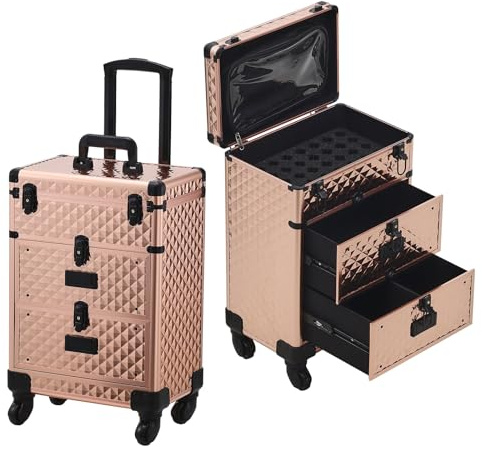 Qivange Makeup Trolley Aluminium Makeup Vanity Case Professional Beauty Hairdressing Trolley on Wheels with Nail Polish Storage and 2 Drawers for Beauty Salon Travel,Diamond Rose Gold