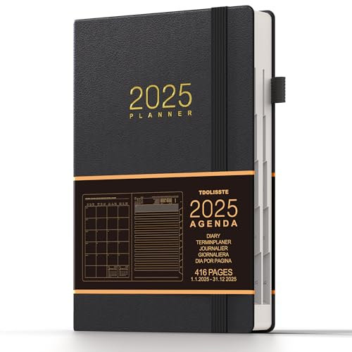 TDOLISSTE - Kalender 2025 Terminplaner, A5 Agenda Buchkalender 365-Seiten-Tagesplan und 24-Seiten-Monatsplan, Mehrsprachiges, Stiftschlaufe und Innentasche, Gebundene Ausgabe (Schwarz)