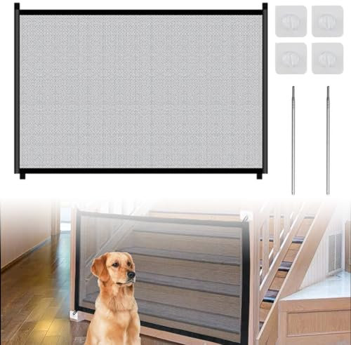 DASIAUTOEM Türgitter Hunde, Türschutzgitter 110x78cm, Treppenschutzgitter mit 4 Klebehaken, Treppenschutzrollo Türgitter Hund und Baby, Einziehbares Ausziehbare Hundebarrieren für Baby, Haustier