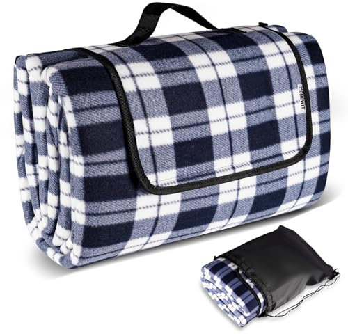 Lindahandel XXL Picknickdecke, Camping Decke wasserdichte mit Tragegriff Faltbare, 200 x 200 cm Stranddecke Picknickmatte für Picknick-Camping 4-6 Personen (Blau-weiß Kariert)