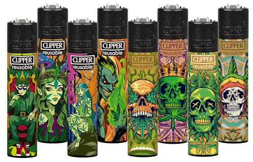 Clipper - Juego de 8 Mecheros Reusables | Encendedores en Tamaño Grande | Reutilizables con Nuestros Kits (Cool Elf + Weed Skulls)