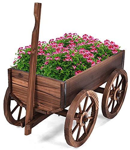 GOPLUS Blumenwagen Holz, Pflanzwagen mit Wagenrad, Pflanzschubkarre mit Griff, Blumenkarre mit Belüftungslöchern, Blumentrögen Pflanzenständer Blumenkasten für Garten Balkon & Terrasse