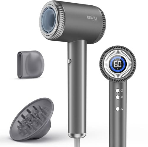 Ionen Haartrockner Föhn mit Magnetischen Diffusor,DEWILY Fön mit 110,000RPM bürstenlosem Motor, Trocknet Schnell Reisefön Hair Dryer, 300-Millionen Negativ Ionen Haarföhn (Grau mit 2 Düsen)