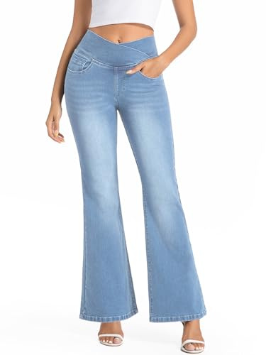 VX VONXURY Vaqueros Elásticos Mujer Acampanados Cintura Alta Lavado Push Up Levanta Glúteos Control Abdominal Pantalon Campana Mujer con 4 Bolsillo,​Azul Desgastado