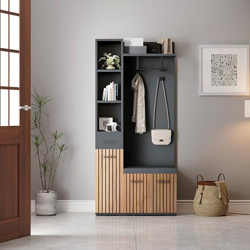 Perchero compacto con 2 armarios, armario de almacenamiento con 2 ganchos, juego de armario de entrada, perchero con zapatero, armario tapizado, negro + color madera 80 x 35 x 175 cm