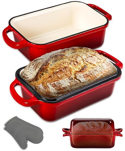 NutriChef horno holandés rectangular para masa madre, Molde para pan con tapa, Hierro fundido esmaltado, Con guantes de silicona para pan artesanal, 35 cm