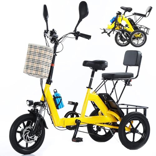 Triciclo Elettrico Pieghevole per Adulti, Batteria 48V 10Ah (Rimovibile), Carico Massimo 180kg, Ideale per Pendolari e Trasporto Bagaglio, con Sedile Passeggero e Cestino, Giallo
