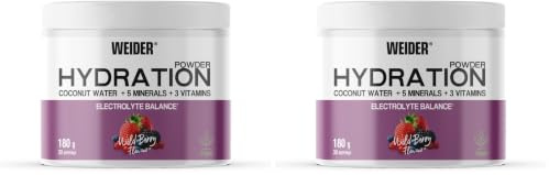 Weider Hydration Powder (180g) Sabor frutas del bosque, Polvo para Bebida Instantánea con Agua de Coco, 5 Minerales, 3 Vitaminas y Taurina, para el Equilibrio Electrólito, Vegano, Sin Azúcar Añadido