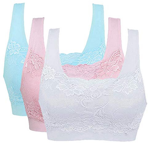 Vertvie Womens Strech Ohne Buegel Push up Yoga Sports BH Bra Top Set Fuer Fitnesstraining Polsterung 3er Pack(Weiß+blau+rosa, EU L/Tag XL)