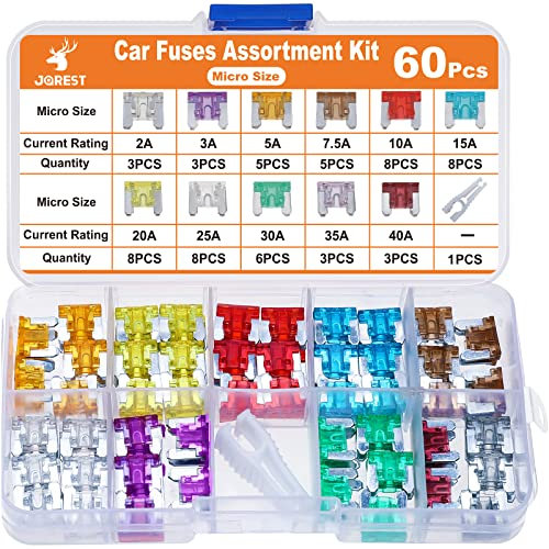 JOREST 60Pcs Kfz Sicherungen Set - Auto Sicherungen für PKW/Wohnmobil/LKW (2 Ampere 3A 5A 7.5A 10A 15A 20A 25A 30A 35A 40A) - Micro Flachsicherungen (Niedriges Profil Sicherungen) +1 Sicherungszieher