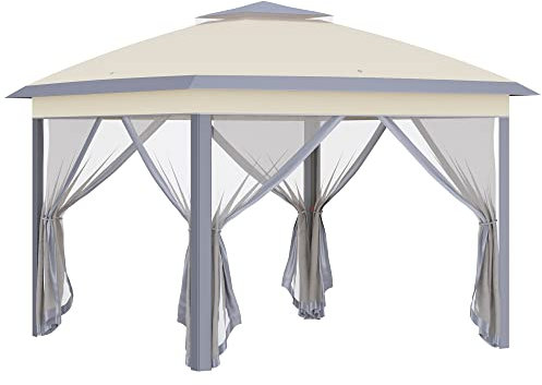 Outsunny 3.3 x 3.3m Pop Up Gazebo, Double Roof Foldable Canopy Tent with Zipped Mesh Sidewalls, Height Adjustable and Carrying Bag, Event Tent for Patio Garden, Beige