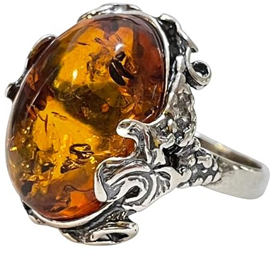 Baltic Amber Ring for Women – Natural Honey Cognac Amber in 925 Sterling Silver – Vintage Oval Statement Ring – Unique Handmade Gift for Her (9.5)