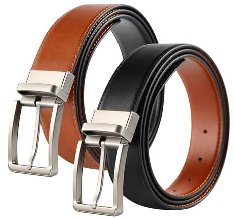 TANGCHAO Wendegürtel Herren Gürtel, Schwarzer und Brauner Gürtel mit drehbarer Schnalle für Herren Leder Jeans Breite 35mm, Größe Angepasst 125 CM