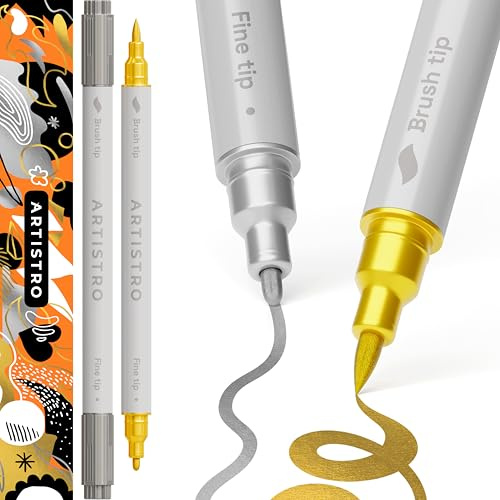 ARTISTRO 2 Silver&Gold Acrylic Paint Pens, Dual Tip, Acrylic Marker Pens for Fabric, Canvas, Rock, Glass, Wood, Paper, DIY, Kids and Adults (Brush + Fine 1 mm)