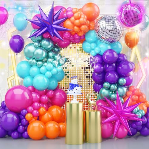 Disco Balloon Arch, 125 PCS 80s Balloon Arch Kit mit Hot Pink and Purple Teal Orange Metallic Green Balloons, 22 Inch Disco Ball Mylar Explosion Star Foil Balloon for Singer Music Fans Decoration