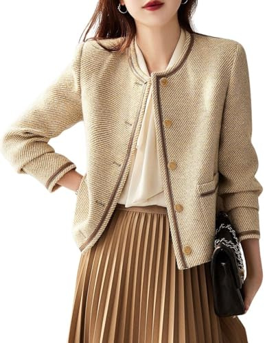 Giacca in tweed senza colletto a righe vintage primaverile da Donna con colletto rotondo e bottoni sul davanti manica corta cardigan in tweed giacca casual da lavoro con bottoni (Albicocca,M)