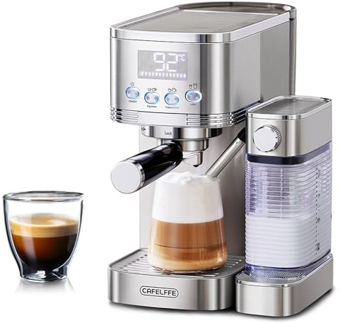 Cafelffe MK-801 Espressomaskin med mjölkskummare, 20 bar tryck och självrengöring, allt-i-ett cappuccino/lattemaskin för hemmet, kontoret, kaffeentusiaster och familjer