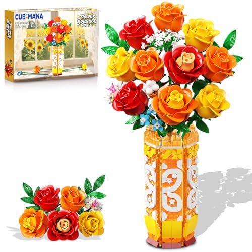 CUBIMANA Bouquet de Fleurs avec Vase et lumière LED - Roses Jaunes, Orange et Rouges - 3,6 mm - Mini Jouet botanique - Cadeaux pour Amis - Fleurs artificielles pour Bureau, décoration de la Maison