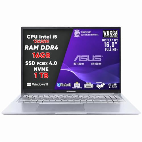 ASUS VivoBook Pc Portatile, Notebook i5 13420H, RAM DDR4 16Gb, SSD 1Tb PCI-e 4.0, DISPLAY IPS WUXGA 16,0 FHD, Computer Portatile, Tastiera Retroilluminata, Fingerprint, Win 11, 3 Anni Garanzia.