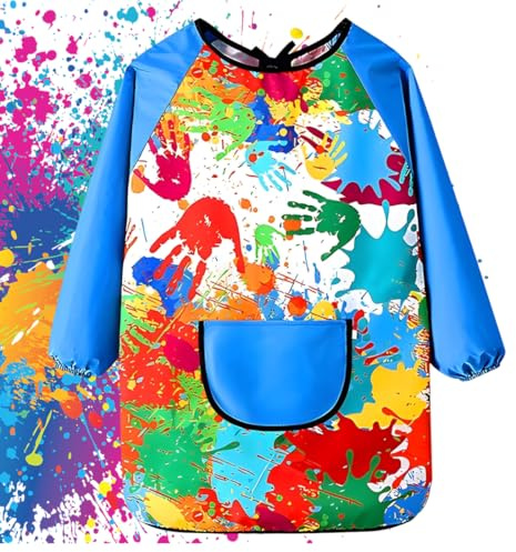 WUSJCOF Tablier de Peinture Enfant 7-11 Ans Fille Garçon Imperméable Blouse de Peinture École avec Manches et Poches pour Art Peinture Bricolage Cuisine (Bleu)