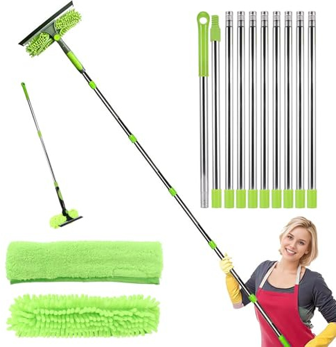 4.25M Window Cleaning Kit with Long Handle, 2-in-1 Extendable Window Cleaning Equipment with Squeegee and Microfiber Cloth for High Windows, Walls & Cars(Green)