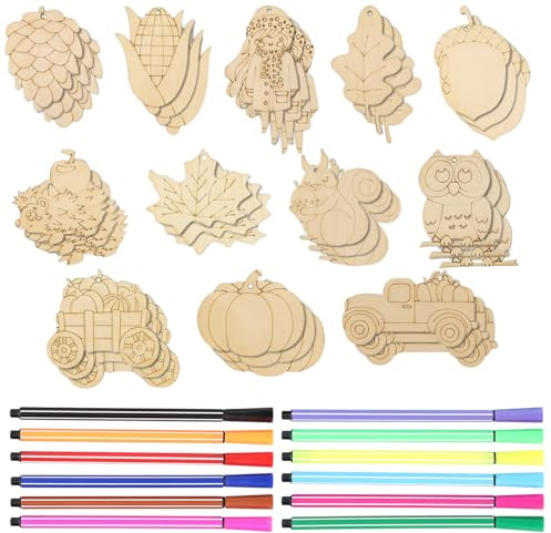 QINGZY 36 Piezas Figuras de Madera para Manualidades, 12 Diseños para Pintar, Incluye Calabaza, Hoja de Arce, Búho y Camión, Decoración otoñal DIY, Arte en Madera y Proyectos Creativos