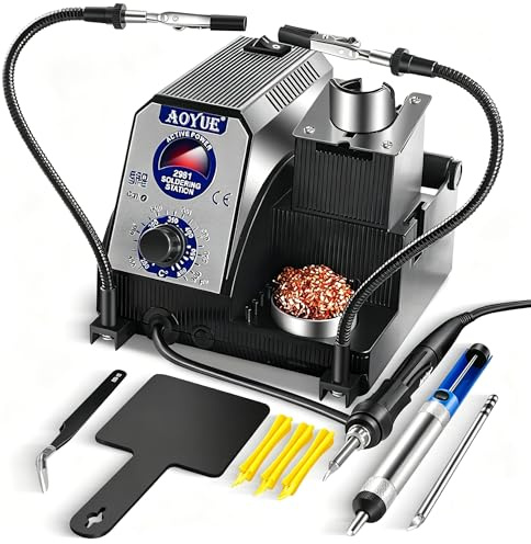 Aoyue 2981 Rapid Heatup Precision Soldering lron Station Kit Compatible with T-12 Style Active Power Tips, 12v Safe-Voltage, Tip Cleaner, Spool Holder, Tweezers, Pry Opening Tools