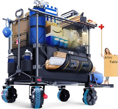 VIC 680lbs Super Cart & Table 1=5 Set, 480L Mega Capacity 54 Extra Long Extra high Folding Wagon, Heavy Duty Collapsible Carts with Brakes, All-Terrain Big Wheels for Camping, Store, Shopping