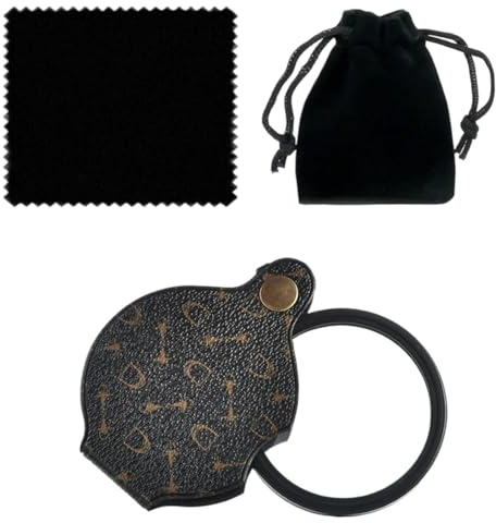 ZORVYN Lupa de Bolsillo 15x, Plegable y Portátil, con Funda Protectora, Paño de Limpieza y Bolsa de Almacenamiento Negra, Ideal para Leer Libros, Periódicos y Mapas (Cuero Negro con Estampado)