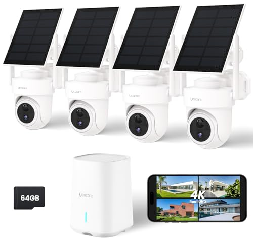 UCOCARE Kit Camaras de Vigilancia Exterior WiFi, 4K Camara Vigilancia WiFi Exterior Solar con Estación, Cobertura Wi-Fi de 300 m,Tarjeta TF 64 GB, Auto-Seguimiento 360°, Wi-Fi 5G/2,4G,Kit 4 Cámaras