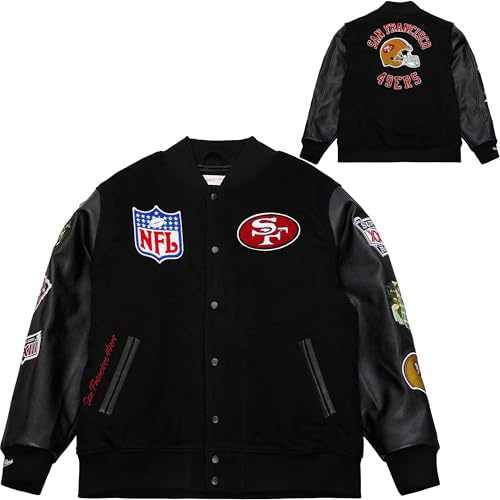 Mitchell & Ness NFL Blackout retro collegejacka | ull-polyesterblandning | PU-ärmar | högkvalitativa lappar och broderier på bröst och ärmar | ribbade manschetter på krage, ärmar och fåll, San
