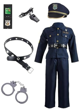 Skkpolo Disfraz Policia Niño, Kit De Juego De Rol De Policía Traje Policia Niño Con Camisa, Pantalones, Sombrero, Esposas De, Disfraces De Oficiales Para Cosplay Carnaval Halloween