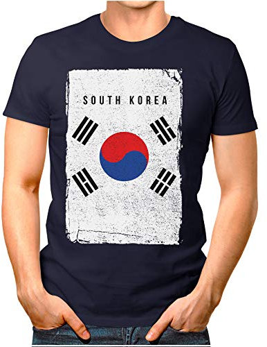 OM3® - Sydkorea-flaggan vintage – t-shirt för män | Sydkoreas flagga fotboll fanshirt sport tröja | S – 4XL, marinblå, M
