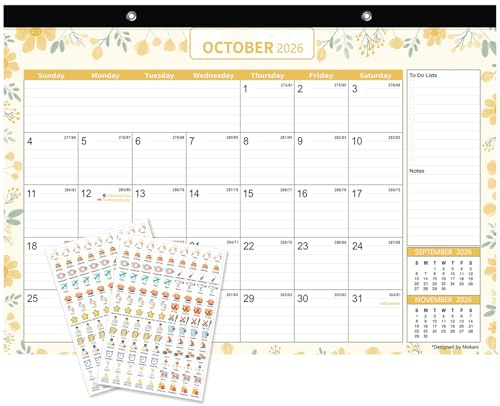 MOKANI Desk Calendar 2026-2027, Large Monthly Wall Calendar from Jan.2026 to Jun.2027 with Plastic Cover: 17x12, 18 Months Academic Year Desk Pad with Planner Stickers