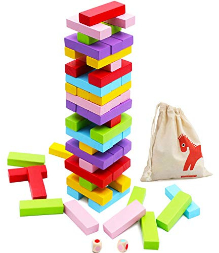 Gentle Monster Wooden Colorful Stacking Board Games Builing Blocks for Kids Boys Girls, 54 Pcs Wood Balancing Blocks Montessori Toy Gift for Kids, Classic Game for Party with Storage Bag