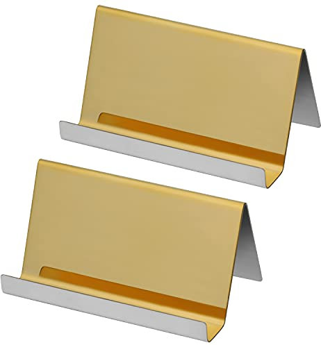 BELLE VOUS Visitenkarten Halter Metall Edelstahl (2Stk) – Edelstahl Organizer Visitenkarten Aufbewahrung bis 30 Visitenkarten – Gold Ständer Visitenkartenetui für Namensschilder, Schreibtisch, Büro