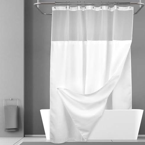 N&Y HOME Tenda da doccia lunga a nido d'ape con fodera in tessuto a scatto e set di 12 ganci, 180,3 x 198,1 cm, stile hotel e finestra superiore in rete, lavabile in lavatrice, idrorepellente, 180 x